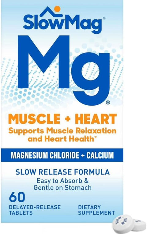 Slowmag Mg Muscle + Heart Supports Muscle Relaxation And Heart Health. Magnesium Chloride + Calcium Slowrelease Tablets Easy To Absorb And Gentle On The Stomach. 60 Count (Pack Of 2)