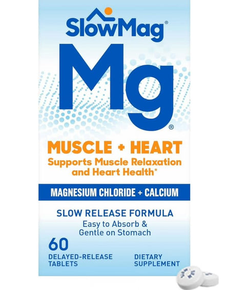 Slow-Mag Slowmag Mg Muscle Heart Supports Muscle Relaxation And Heart Health. Magnesium Chloride Calcium Slow-Release Tablets Easy To Absorb And Gentle On The Stomach. 60 Count (Pack Of 2)