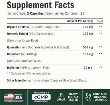 Vimerson Health Quercetin with Bromelain Turmeric Curcumin Supplement Triple Action Allergy Relief Inflammation and Joint Support with Organic Tumeric + Bioperine for Max Absorption