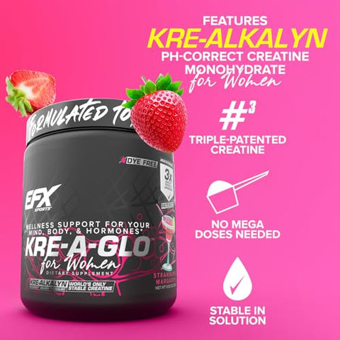 Efx Sports Kre-A-Glo Kre-Alkalyn Creatine For Women 2.5G Collagen 300Mg Ashwagandha 100Mg Hyaluronic Acid 30 Servings (Strawberry Margarita)