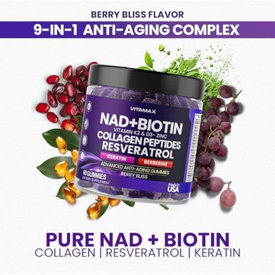 Nad+, Resveratrol, Berberine, & Biotin Anti-Aging Gummy - Hair, Skin, Nails & Joint Supplement - Collagen Peptides, Keratin, Zinc, Vitamin K2 & D3 Gummies - Regeneration - Vegan - Made In Usa 60 Count