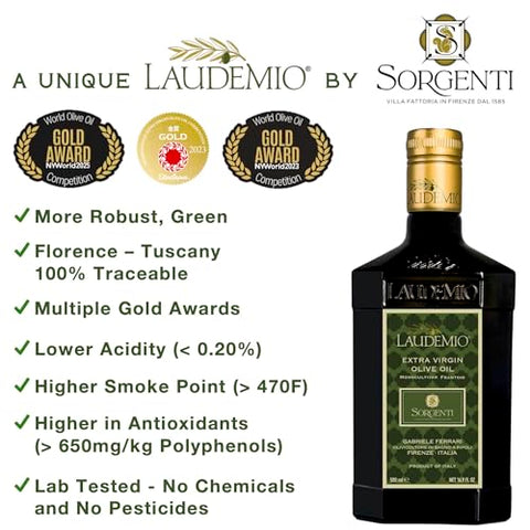 Laudemio Sorgenti, +650 mg/kg Tuscany Polyphenols Rich Extra Virgin Olive Oil, Fresh 2024-2025 Early Harvest, 2025 NYIOOC Gold Award, Frantoio Monovarietal, Lab Tested, No Pesticides, 16.9 fl oz