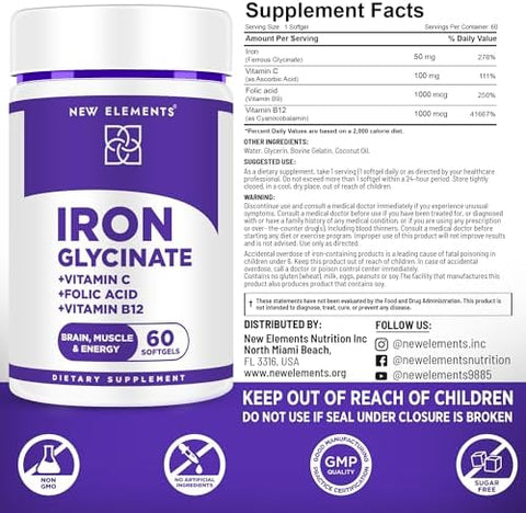 Elements Iron Glycinate 50Mg With Vitamin C Folic Acid & B12 Advanced Iron Supplement For Anemia Relief Energy Boost & Immune Support Gentle On Stomach Fast Absorption Natural Softgels For Women & Men