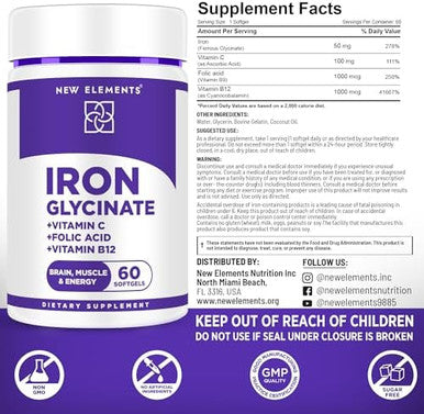 Elements Iron Glycinate 50Mg With Vitamin C, Folic Acid & B12 Advanced Iron Supplement For Anemia Relief, Energy Boost & Immune Support Gentle On Stomach, Fast Absorption Natural Softgels For Women & Men