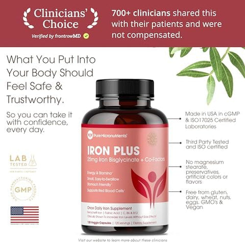 Iron Supplement for Women Gentle Chelate Iron Bisglycinate 25mg with Vitamin C B6 B12 Folic Acid Supports Iron Deficiency Menstrual Health and Energy 120 Count