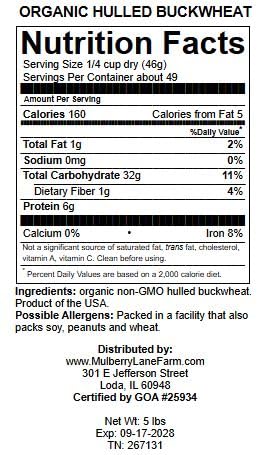 Buckwheat, 5 Pounds USDA Certified Organic, Non-GMO, Hulled, Whole, (Groats) Bulk, Product of USA, Mulberry Lane Farms