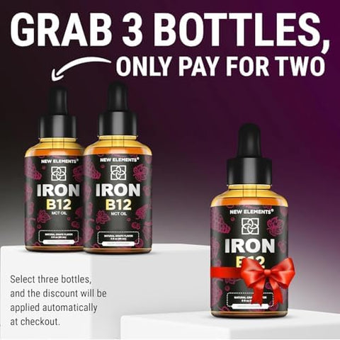 Elements Liquid Iron Supplement For Women & Men With Vitamin B12 5000Mcg - Blood Builder For Anemia - Liquid Vitamin B12 Drops For Adults With Mct Oil Natural Grape Flavor 2 Fl Oz