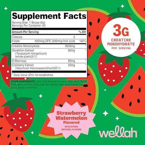 Wellah Creatine For Women (50 Servings) Strawberry Watermelon - 3G Of Creatine Monohydrate Powder With Dandelion & Cranberry Extract