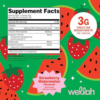 Wellah Creatine For Women (50 Servings) Strawberry Watermelon - 3G Of Creatine Monohydrate Powder With Dandelion & Cranberry Extract