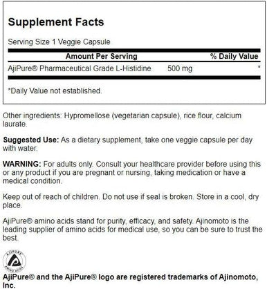 Swanson Amino Acid Ajipure L-Histidine Pharmaceutical Grade 500 Milligrams 60 Veg Capsules