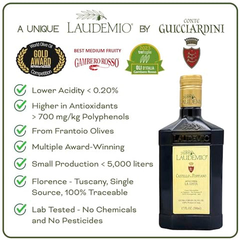 Laudemio Poppiano Guicciardini ÃƒÂ¢Ã¢â€šÂ¬Ã¢â‚¬Å“ Extra Virgin Olive Oil from Tuscany, 700+ mg/kg High Polyphenols, 2025 NYIOOC Gold Award, Early Harvest Frantoio olives, Lab Tested, No Pesticides, Premium Gift Box