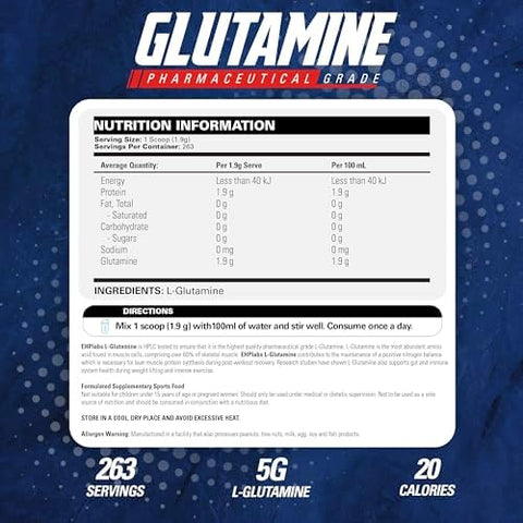 Ehp Labs L Glutamine Powder Amino Acids Lglutamine Workout Recovery Immune Health & Gut Health Support (500G) 100 Servings