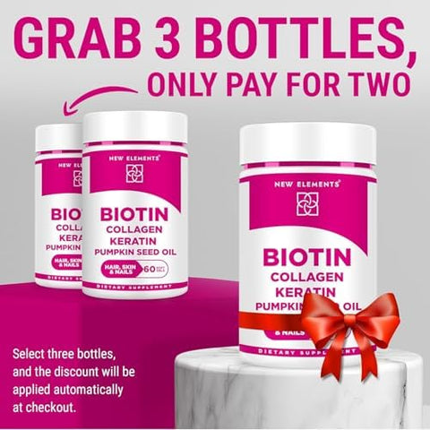 Elements Biotin Supplement 10000Mcg With Collagen Peptides Keratin And Pumpkin Seed Oil For Hair Skin And Nails Hair Growth Supplement For Women & Men Biotin And Collagen Supplements For Hair Loss