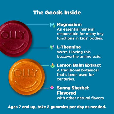 Olly Kids Chillax Gummies Magnesium L-Theanine Lemon Balm Chewable Supplement Sherbet Flavor