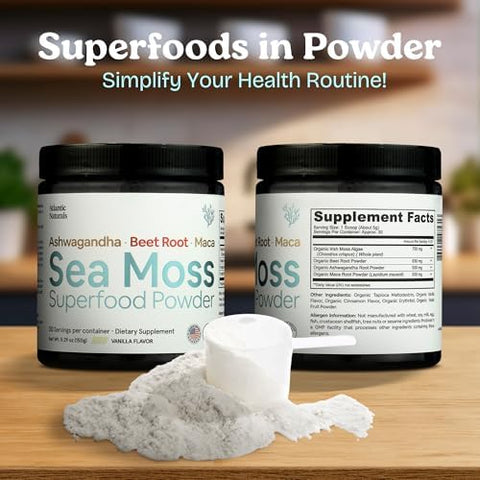 Atlantic Naturals Sea Moss Superfood Powder with Ashwagandha Beet Root and Maca Root Sea Moss Powder Supports Healthy Skin Athletic Performance and Positive Mood Vanilla Flavor (150g)