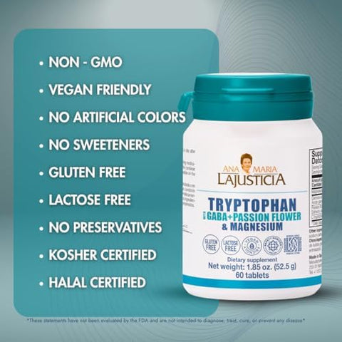 Ana MaraA Lajusticia Tryptophan With Gaba And Passion Flower & Magnesium Kosher Halal Vegan Gluten Supports Nervous System