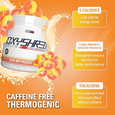 EHP Labs OxyShred Non Stimulant Pre Workout Powder Stim Free Pre Workout Caffeine Free Preworkout for Men and Women with L Glutamine and Acetyl L Carnitine Peach 60 Servings