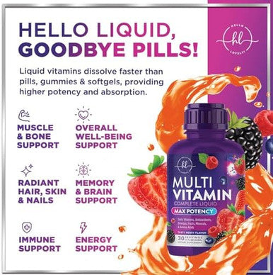 Multivitamin For Women Men & Kids Liquid Multivitamin & Multimineral, Vegan, Sugar Free, Vitamins A, C, D3, E, B6, B12 & Zinc, Womens Multivitamin & Adult Immune Support, Berry Flavor - 15 Fl Oz