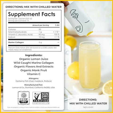 Lemon & Co. Liquid Collagen For Women Collagen Water Mix With 5000Mg Marine Collagen Peptides Organic Lemons & Vitamin C Daily Elixir For Skin Nails Hair Gut No Preservatives No Sugar
