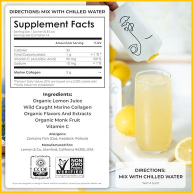 Lemon & Co. Liquid Collagen For Women Collagen Water Mix With 5000Mg Marine Collagen Peptides Organic Lemons & Vitamin C Daily Elixir For Skin Nails Hair Gut No Preservatives No Sugar