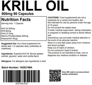 Krill Oil 500mg 90 Capsules - Superba Omega/Joint, Heart & Brain Supplement UK Made. Pharmaceutical Grade
