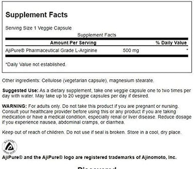 Swanson Amino Acid Ajipure L-Arginine Pharmaceutical Grade 500 Milligrams 60 Veg Capsules