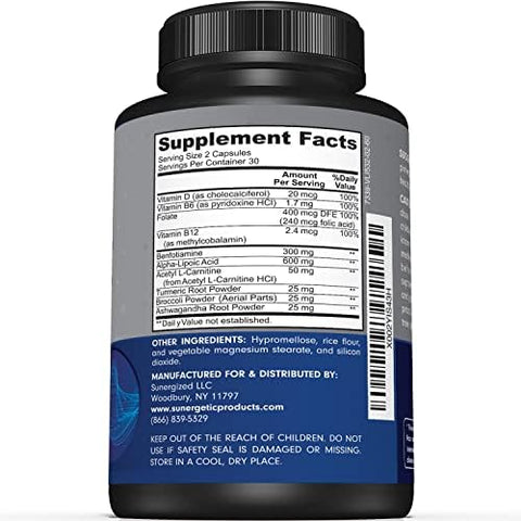 Sunergetic Premium Nerve Support Supplement " With Alpha Lipoic Acid (Ala) 600 Mg Acetyllcarnitine (Alc) & Benfotiamine Nerve Support Formula For Healthy Circulation Feet Hands & Toes 60 Capsules