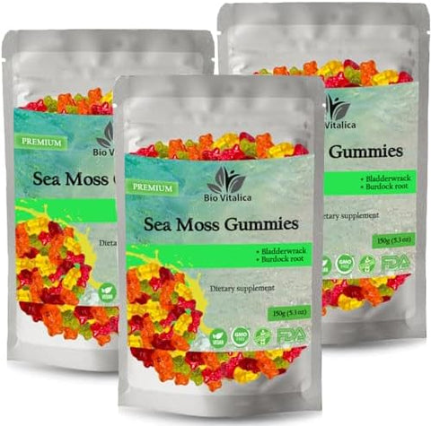 BIO VITALICA Sea Moss Gummies with Bladderwrack and Burdock Root Wildcrafted Gel + Powder Vegan Keto NonGMO GlutenFree Fruity MineralRich Gummies 50 Count (2 Pack)
