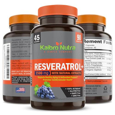 Kaibro Nutra Resveratrol 1500mg per Serving of Organic Trans Resveratrol and Potent Antioxidants Pure Extra Strength Complex Anti Aging Radiant Skin and Immunity Support 45 Day Supply