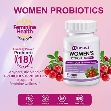 OMOGS Womens Probiotic with Cranberry Extract Organic Prebiotics and Vitamin C 90 Billion CFUs 18 Strains Help for Boost Immune Digestive Gut Health and Womens Health Gluten and Soy Free 90 Tablets