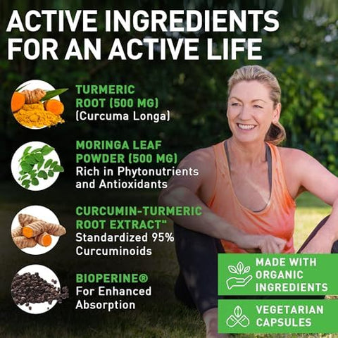 Pius Nature Turmeric Moringa Organic Turmeric Curcumin Supplements And Organic Moringa Powder 120 Veggie Capsules Supplement For Women And Men
