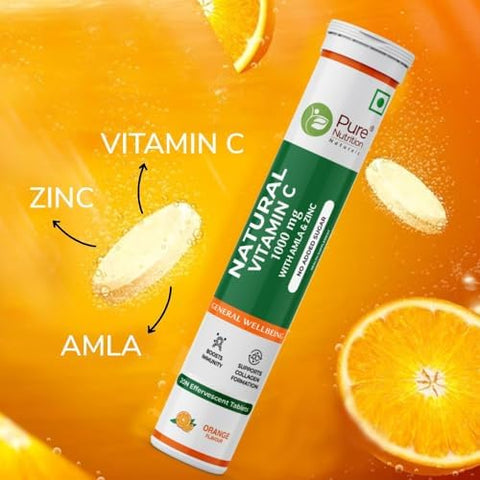 Pure Nutrition Vitamin C and Zinc 40 Effervescent Tablets (20 X 2) Orange Flavour 1000Mg Amla Extract Supports Skin Immunity and Daily Wellness For Men and Women