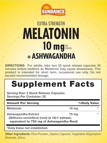Sundance Melatonin 10Mg With Ashwagandha 50 Capsules Extra Strength Nongmo & Gluten Supplement
