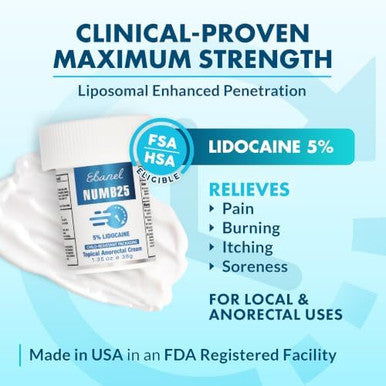 Ebanel 5% Lidocaine Numbing Cream Pain Relief Burn Itch Numb Cream Maximum Strength Topical Anesthetic with Allantoin Vitamin E for Local and Anorectal Uses Hemorrhoid Treatment Oil Free