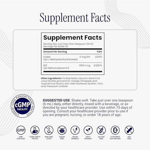 Rho Nutrition Liposomal Methylfolate 5-Mthf B12 Complex Ultra High Absorption Bioactive Liquid Methylated Folate & B12 Supports Methylation Energy Production Mood & Cellular Health