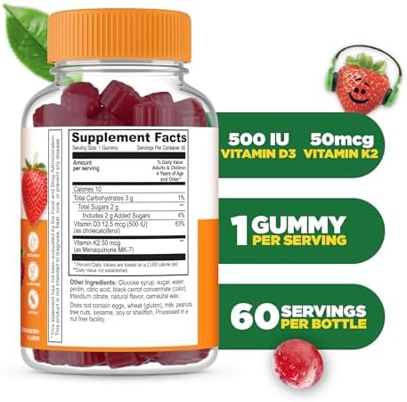 Lifeable Kids Vitamin D3 K2 Gummies 500iu D3 and K2 100mcg Great Tasting D3 and K2 Supplements for Bone Health and Immunity VIT D3 K2 for Kids 60 Gummies