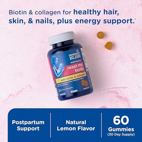 Mommys Bliss Postnatal Support Reset My Body Gummies with Biotin and Collagen Supports Postpartum Energy Healing and Joint Health + Hair Skin and Nails Health Gluten 60 Gummies (30 Servings)