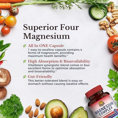Vitalitown Magnesium + Hyaluronic Acid Bundle Magnesium Complex (Item 1) & Hyaluronic Acid Plus Vitamin C (Item 2) 120 Magnesium Capsules & 90 Hyaluronic Acid Capsules