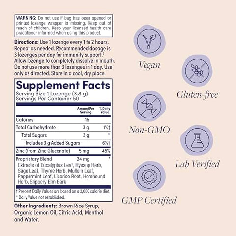 ZAND IMMUNITY Lemon Zinc Throat Lozenges GoodforYou Dry Mouth Lozenges Immune Support Supplement with Chelated Zinc 5mg Blend of 9 Herbs Soothe a Dry Throat Natural Flavor Gluten 50ct