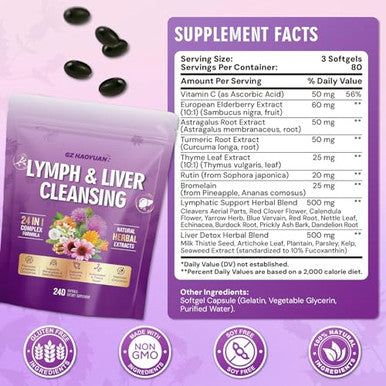 Gz Haoyuan Lymphatic Drainage Supplement Liver Cleanse Detox & Repair 24-In-1 Herbal Blend With Echinacea Dandelion Burdock Bromelain Calendula Turmeric - Lymph System Support Less Bloating 240 Softgels