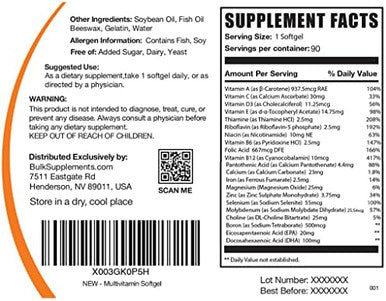 Bulksupplements.Com Multivitamin Softgels - Daily Multivitamin, Multimineral Supplement, Multivitamin For Adults Wit Fish Oil - Gluten Free, 1 Softgel Per Serving, 90 Count (Pack Of 1)