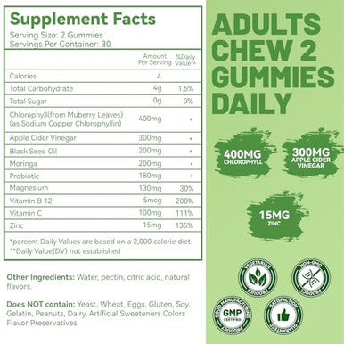 Eazgoo Chlorophyll Gummies For Body Odor Deodorant* Sugar Free Chewable Chlorophyll For Immune Support Women Vegan 60 Count (Lemon)