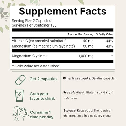 Micro Ingredients Pure Magnesium Glycinate 1000Mg 300 Capsules 100 Chelated For Max Absorption Enhanced With Vitamin C Only Uses Active Ingredients