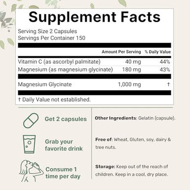 Micro Ingredients Pure Magnesium Glycinate 1000Mg 300 Capsules 100 Chelated For Max Absorption Enhanced With Vitamin C Only Uses Active Ingredients