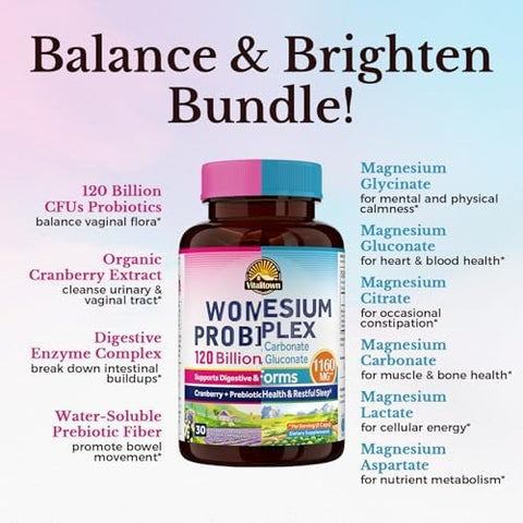 Vitalitown Probiotic + Magnesium Bundle (Pack Of 2) Women'S Probiotics (Item 1) & Magnesium Complex (Item 2) 30 Probiotic Capsules & 120 Magnesium Capsules
