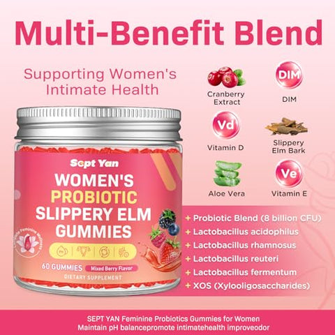 Sept Yan Feminine Probiotic Slippery Elm Gummies With Dim Cranberry Aloe Vera Vitamin D3 & E For Women Ph Balance Gut Health & Immune System Promote Vaginal Health For Women Mixed Berry Flavor 60 Counts