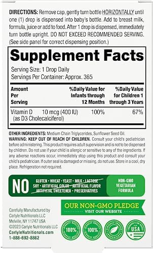 Carlyle Baby Vitamin D3 Liquid Drops 400 IU |.31oz (9.2 mL) 1 Year Supply (365 Servings) Vegetarian NonGMO and Gluten Free By Lil' Sprouts