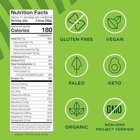 Manitoba Harvest Organic Hemp Seeds, 18oz, 10g Plant Based Protein and 12g Omega 3 & 6 per Srv, smoothies, yogurt & salad, Non-GMO, Vegan, Keto, Paleo, Gluten Free, Pack of 6