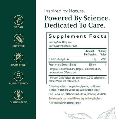 Gaia Herbs Pro Cinnamon Bark Supports A Healthy Metabolism Organic Vegan Soy & Gluten 120 Liquid Phytocaps (120 Servings)