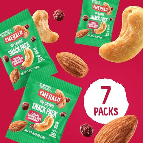 Emerald Nuts Cashews and Almonds with Dried Cranberries 7 Ct (1-Pack) | 100-Calorie Individual Packs of Nut Blend and Dried Fruit | Kosher Certified, Non-GMO, Contains No Artificial Preservatives, Flavors or Synthetic Colors